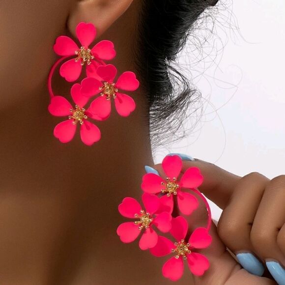 Hot Pink & Gold Flower Statement Earrings - Picture 1 of 6